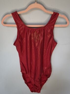 Illusions Red Shimmer Gold Rhinestone Snowflake Gymnastics Leotard Adult Medium